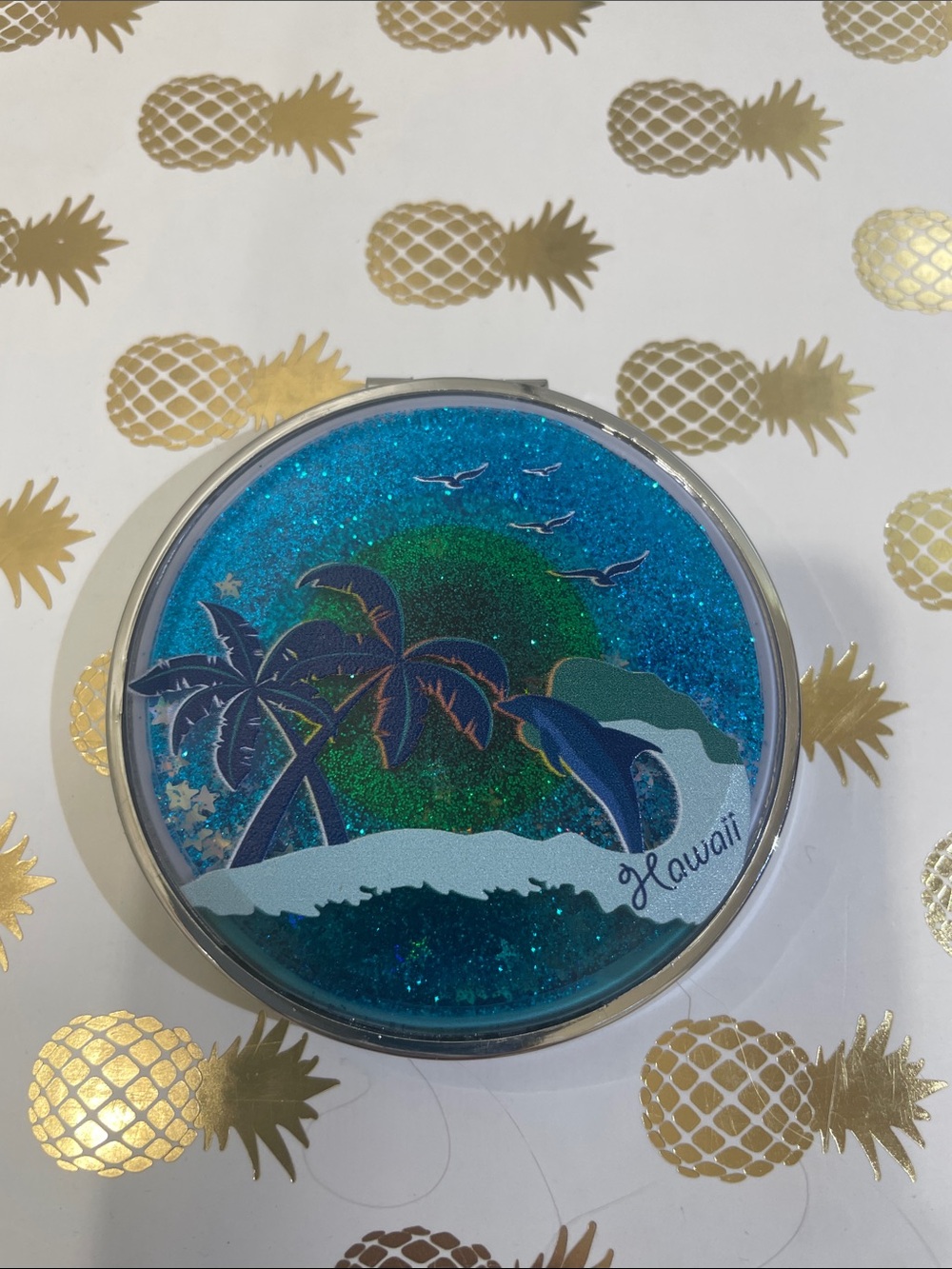 New Hawaii Blue Glitter Compact Mirror with Tropical Design